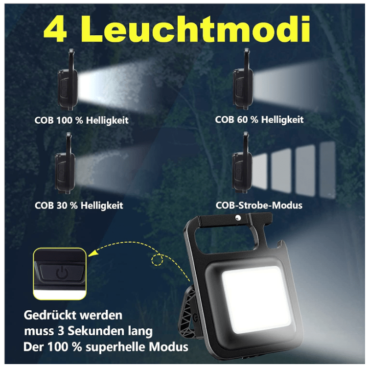 Mini LED Taschenlampe 800 Lumen Wiederaufladbare Inspektionsleuchten 4 Modi Tragbare Arbeitslampe mit Flaschenöffner für Camping
